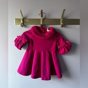 Janie and Jack Pink Bow Dress w/Faux Fur Trim Size 6-12 Months